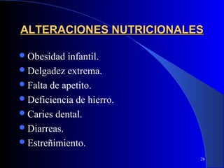 ALTERACIONES NUTRICIONALES

 Obesidad  infantil.
 Delgadez extrema.
 Falta de apetito.
 Deficiencia de hierro.
 Caries dental.
 Diarreas.
 Estreñimiento.
                           26
 