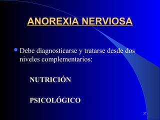 ANOREXIA NERVIOSA

 Debe diagnosticarse y tratarse desde dos
 niveles complementarios:

    NUTRICIÓN

    PSICOLÓGICO
                                             37
 
