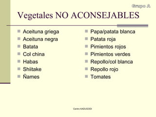 Vegetales NO ACONSEJABLES Aceituna griega Aceituna negra Batata Col china Habas Shiitake Ñames Papa/patata blanca Patata roja Pimientos rojos Pimientos verdes Repollo/col blanca Repollo rojo Tomates  Grupo A 