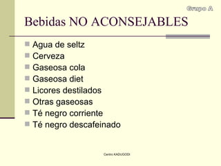 Bebidas NO ACONSEJABLES Agua de seltz Cerveza Gaseosa cola Gaseosa diet Licores destilados Otras gaseosas Té negro corriente Té negro descafeinado  Grupo A 