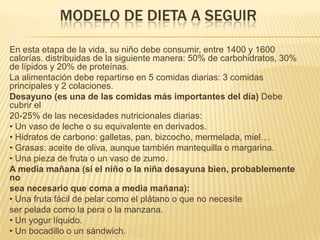 MODELO DE DIETA A SEGUIR
En esta etapa de la vida, su niño debe consumir, entre 1400 y 1600
calorías. distribuidas de la siguiente manera: 50% de carbohidratos, 30%
de lípidos y 20% de proteínas.
La alimentación debe repartirse en 5 comidas diarias: 3 comidas
principales y 2 colaciones.
Desayuno (es una de las comidas más importantes del día) Debe
cubrir el
20-25% de las necesidades nutricionales diarias:
• Un vaso de leche o su equivalente en derivados.
• Hidratos de carbono: galletas, pan, bizcocho, mermelada, miel…
• Grasas: aceite de oliva, aunque también mantequilla o margarina.
• Una pieza de fruta o un vaso de zumo.
A media mañana (si el niño o la niña desayuna bien, probablemente
no
sea necesario que coma a media mañana):
• Una fruta fácil de pelar como el plátano o que no necesite
ser pelada como la pera o la manzana.
• Un yogur líquido.
• Un bocadillo o un sándwich.
 