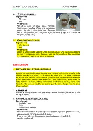 ALIMENTACION MEDICINAL JORGE VALERA
127
6. TÉ VERDE CON MIEL
Ingredientes
Té verde
Miel
Preparación
Pon el té verde en agua recién hervida.
Espera unos minutos, añade una cucharada
sopera de miel y mezclarla bien. Cuando
baje su temperatura, haz gárgaras vigorosamente y ayudara a aliviar la
laringitis (Wang 2007)
7. UÑA DE GATO CON MIEL
Ingredientes
Uña de gato
Miel
Preparación
Cocer la uña de gato. Esperar unos minutos, añade una cucharada sopera
de miel y mezclarla bien. Cuando baje su temperatura, haz gárgaras
vigorosamente y ayudara a aliviar la laringitis
ENTRECOMIDAS
1. EXTRACTO CON CITRICOS HERVIDOS
Colocar en la extractora una toronja, una naranja del mismo tamaño de la
toronja (aproximadamente) y 5 limones (variedad sutil, peruano), cortados
en trozos, con cáscara y sin semillas y extraer el zumo respectivo (también
puede combinar o alternar con mandarina, lima, camu camu. Este zumo se
debe hervir los 3 frutas juntas y tomar cada dos horas (si es muy grave cada
hora) lo más caliente posible. Es bueno guardar cama luego de esta toma
(Jorge Valera).
2. GÁRGARAS
Llantén + limon(variedad sutil, peruano) + salvia // sauco (50 grs en ¼ litro
de agua, hervir).
3. GÁRGARAS CON CEBOLLA Y MIEL
Ingredientes
1 cebolla chica
Gasa
1 cucharada de miel
Preparación
Para el tratamiento de la afonía picar la cebolla y pasarla por la licuadora,
agregando una mínima cantidad de agua.
Colar el jugo a través de una gasa, apretando para extraerlo todo.
Mezclar con la miel.
 