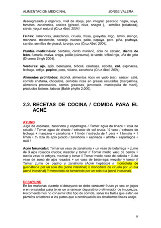 ALIMENTACION MEDICINAL JORGE VALERA
14
desengrasada y orgánica, miel de abeja, pan integral, pescado negro, soya,
tomates, zanahorias, aceites (girasol, oliva, onagra ), semillas (calabaza),
stevia, yogurt natural (Cruz Abel, 2004)
Frutas: almendras, arándanos, ciruela, fresa, guayaba, higo, limón, mango,
manzana, melocotón, naranja, nueces, palta, papaya, pera, piña, pitahaya,
sandia, semillas de girasol, toronja, uva (Cruz Abel, 2004).
Plantas medicinales: bardana, cardo mariano, cola de caballo, diente de
león, fumaría, malva, ortiga, palillo (cúrcuma), te verde, trébol rojo, uña de gato
(Dharma Singh 2004).
Verduras: ajo, apio, berenjena, brócoli, calabaza, cebolla, col, espinacas,
lechuga, ortiga, pepino, poro, rábano, zanahoria (Cruz Abel, 2004)
Alimentos prohibidos: alcohol, alimentos ricos en yodo (sal), azúcar, café,
comida chatarra, chocolate, comidas ricas en grasas saturadas (margarinas,
alimentos procesados, carnes grasosas, jamonada, mantequilla de maní),
productos lácteos, tabaco (Balch phyllis 2,000).
2.2. RECETAS DE COCINA / COMIDA PARA EL
ACNÉ
AYUNO
Jugo de espinaca, zanahoria y espárragos / Tomar agua de linaza + cola de
caballo / Tomar agua de choclo / extracto de col cruda: ½ vaso / extracto de
lechuga + manzana + zanahoria + 1 limón / extracto de 1 pera + 1 tomate + 1
limón + ½ taza de apio picado / zanahoria + espinaca + alfalfa + espárragos +
miel /
Acné foruncular: Tomar un vaso de zanahoria + un vaso de betarraga + zumo
de 3 ajos rosados crudos; mezclar y tomar // Tomar medio vaso de berros +
medio vaso de ortigas, mezclar y tomar // Tomar medio vaso de cebolla + ¼ de
vaso de zumo de ajos rosados + un vaso de betarraga; mezclar y tomar //
Tomar zumo de pepino y zanahoria (Acné hepático) // monodieta de
guanábana por un solo día (acné intestinal) // monodieta de ciruela por un día
(acné intestinal) // monodieta de tamarindo por un solo día (acné intestinal).
DESAYUNO
En las mañanas durante el desayuno se debe consumir frutas ya sea en jugos
o en ensaladas para tener un amanecer depurativo o eliminador de impurezas.
Recomendamos no consumir otro tipo de comida, salvo las frutas que están en
párrafos anteriores o los platos que a continuación les detallamos líneas abajo.
 
