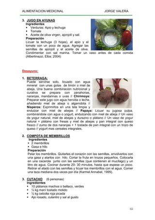 ALIMENTACION MEDICINAL JORGE VALERA
155
3. JUGO EN AYUNAS
Ingredientes
Verduras: Apio y lechuga
Tomate
Aceite de oliva virgen, ajonjolí y sal.
Preparación
Licuar la lechuga (3 hojas), el apio y el
tomate con un poco de agua. Agregar las
semillas de ajonjolí y el aceite de oliva.
Condimentar con sal marina. Tomar un vaso antes de cada comida
(Albertinazzi, Elba; 2004)
Desayuno:
1. BETERRAGA:
Puede servirse solo, licuado con agua
mineral con unas gotas de limón o miel de
abeja. Una buena combinación nutricional y
curativa se prepara con zanahorias,
naranjas, mandarinas o uvas // Chirimoya:
Preparar este jugo con agua hervida o leche,
añadiendo miel de abeja o algarrobita //
Nísperos: Exprimirlos en una tela limpia y
endulzar con miel de abejas // Papaya: Licuar su jugosa pulpa,
combinándola con agua o yogurt, endulzando con miel de abeja // Un vaso
de yogur natural, miel de abejas y durazno o plátano // Un vaso de yogur
natural + plátano con fresas y miel de abejas y pan integral con queso
fresco // zumo de dos naranjas + 1 tostada de pan integral con un trozo de
queso // yogurt mas cereales integrales.
2. COMPOTA DE MEMBRILLOS
Ingredientes
2 membrillos
Gasa e hilo
Preparación
Pelar los membrillos. Quitarles el corazón con las semillas, envolverlos con
una gasa y atarlos con hilo. Cortar la fruta en trozos pequeños. Colocarla
en una cacerola junto con las semillas (que contienen el mucílago) y un
litro de agua. Cocinar durante 20- 30 minutos, hasta que espese un poco.
Retirar el atado con las semillas y licuar los membrillos con el agua. Comer
una taza mediana dos veces por día (Karmel Annabel, 1999).
3. CUTACHO (6 personas)
Ingredientes
10 plátanos machos o bellaco, verdes
½ kg maní tostado molido
¼ kg cebolla roja picada
Ajo rosado, culantro y sal al gusto
 