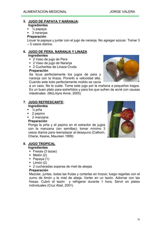 ALIMENTACION MEDICINAL JORGE VALERA
16
5. JUGO DE PAPAYA Y NARANJA:
Ingredientes
½ papaya
3 naranjas
Preparación
Licuar la papaya y juntar con el jugo de naranja. No agregar azúcar. Tomar 3
– 5 vasos diarios.
6. JUGO DE PERA, NARANJA Y LINAZA
Ingredientes
2 Vaso de jugo de Pera
2 Vaso de jugo de Naranja
2 Cucharitas de Linaza Cruda
Preparación
Se licua perfectamente los jugos de pera y
naranja con la linaza. Ponerlo a velocidad alta.
Cuando este todo perfectamente molido se vacía
a un vaso. No lo cuele. Tome este jugo por la mañana a pequeños tragos.
Es un buen plato para estreñidos y para los que sufren de acné con causas
intestinales (McLntyre Anne, 2005)
7. JUGO REFRESCANTE:
Ingredientes
½ piña
2 pepino
2 manzana
Preparación
Ponga la piña y el pepino en el extractor de jugos
con la manzana (sin semillas); tomar mínimo 3
vasos diarios para reemplazar al desayuno (Calbom,
Cherie, Keane, Maureen 1999)
8. JUGO TROPICAL
Ingredientes
Fresas (3 tazas)
Melón (2)
Papaya (1)
Limón (2)
2 cucharadas soperas de miel de abejas
Preparación
Mezclar, juntas, todas las frutas y cortarlas en trozos; luego regarlas con el
zumo de limón y la miel de abeja. Verter en un tazón. Adornar con las
fresas. Cubrir el tazón y refrigerar durante 1 hora. Servir en platos
individuales (Cruz Abel, 2001)
 