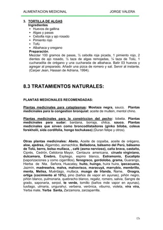 ALIMENTACION MEDICINAL JORGE VALERA
176
3. TORTILLA DE ALGAS
Ingredientes
Huevos de gallina
Algas y pasas
Cebolla roja y ajo rosado
Pimiento rojo
Tofú
Albahaca y oregano
Preparación.
Mezclar 100 gramos de pasas, ½ cebolla roja picada, 1 pimiento rojo, 2
dientes de ajo rosado, ½ taza de algas remojadas, ¼ taza de Tolú, 1
cucharadita de orégano y una cucharada de albahaca. Batir 03 huevos y
agregar al preparado. Añadir una pizca de romero y sal. Servir al instante.
(Carper Jean, Hassan de Adriana, 1994).
8.3 TRATAMIENTOS NATURALES:
PLANTAS MEDICINALES RECOMENDADAS:
Plantas medicinales para cataplasmas: Mostaza negra, sauco. Plantas
medicinales para la congestion bronquial: aceite de mullein, mentol chino.
Plantas medicinales para la constriccion del pecho: lobelia. Plantas
medicinales para sudar: bardana, borraja, chilca, sauco. Plantas
medicinales que sirven como broncodilatadores (ginko biloba, coleus
forskholii, sida cordifolia, hongo tochukaso) (Duran felipe y otros).
Otras plantas medicinales: Abeto, Aceite de copaiba, aceite de orégano,
aloe, ajedrea, Algarrobo, asmachilca, Belladona, bálsamo del Perú, bálsamo
de Tolú, berro, bolsa mullaca, , café (asma nervioso), caña brava, castaño,
Ciprés, Cedrón, Celidonia Mayor, Centaura americana, ciruelo virginiano,
dulcamara, Enebro, Espliego, espino blanco, Estramonio, Eucalipto
(vaporizaciones y como cigarrillos), fenogreco, gordolobo, grama, Guarango,
Hierba de Nta. Señora, Huacatay, huito, huingo, huira huira, ipecacuana,
Jazmín, madreselva, malva, malvavisco, maracuyá, marrubio, membrillo,
menta, Melisa, Muérdago, mullaca, musgo de Irlanda, Ñame, Onagra,
ortiga (cocimiento al 10%), pino (baños de vapor en ayunas), piñón negro,
piñón blanco, pulmonaria, quebracho blanco, regaliz, romero, salvia, Sangre de
grado, saponaria, serpol, te verde, tomillo (baños mde vapor en ayunas),
tusílago, ulmaria, ungurahui, verbena, verónica, viburno, violeta, vira vira,
Yerba mate, Yerba Santa, Zarzamora, zarzaparrilla.
 