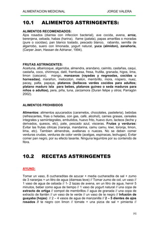ALIMENTACION MEDICINAL JORGE VALERA
193
10.1 ALIMENTOS ASTRINGENTES:
ALIMENTOS RECOMENDADOS:
Ajos rosados (diarrea con infeccion bacterial), ave cocida, avena, arroz,
berenjena, cebada, habas (harina), ñame (patata), papas amarillas o moradas
(pure o cocidas), pan blanco tostado, pescado blanco, rabanito, semilla de
algarrobo, suero con limonada, yogurt natural, yuca (almidon), zanahoria,
(Carper Jean, Hassan de Adrianar, 1994).
FRUTAS ASTRINGENTES:
Aceituna, albaricoque, algarroba, almendra, arandano, caimito, castañas, caqui,
castaña, coco, chirimoya, datil, frambuesa, fresa, frutilla, granada, higos, lima,
limon (cascara), mango, manzanas (rayadas y negreadas, cocidas u
horneadas), marañon, melocoton, melon, membrillo, mora, níspero, nuez,
pacay, palta, papaya, platanos (bellacos verdes cocidos para adultos;
platano maduro isla para bebes, platanos guineo o seda maduros para
niños o adultos), pera, piña, tuna, zarzamora (Duran felipe y otros; Parragón
2002).
ALIMENTOS PROHIBIDOS
Alimentos: alimentos azucarados (caramelos, chocolates, pasteleria), bebidas
(refrescantes, frias o heladas, con gas, café, alcohol), carnes grasas, cereales
integrales y semiintegrales, embutidos, huevo frito, huevo duro, lacteos (leche y
derivados, quesos, etc), pate, pescado azul, visceras. Frutas y verduras:
Evitar las frutas citricas (naranja, mandarina, camu camu, kiwi, toronja, limon,
lima, etc). Tambien almendras, avellanas o nueces. No se deben comer
verduras crudas, verduras de color verde (acelgas, espinacas, lechugas). Evitar
comer pan negro, por su efecto laxante. Ninguna legumbre por su contenido de
fibra.
10.2 RECETAS ASTRINGENTES
AYUNO:
Tomar un vaso, 8 cucharaditas de azucar + media cucharadita de sal + zumo
de 3 naranjas + un litro de agua (diarreas leve) // Tomar zumo de col, un vaso //
1 vaso de agua de cebada // 1- 2 tazas de avena, en un litro de agua, hervir 5
minutos, beber como agua de tiempo // 1 vaso de yogurt natural // una copa de
extracto de ortiga // compot de membrillos // agua de granada // una copa de
extracto de llantén // un vaso de te verde // un vaso de te negro // Infusión de
guayaba (hojas) // 2 – 4 vasos de agua de manzanilla // 2 – 5 dientes de ajos
rosados // te negro con limon // tomate + una pizca de sal + pimienta //
 