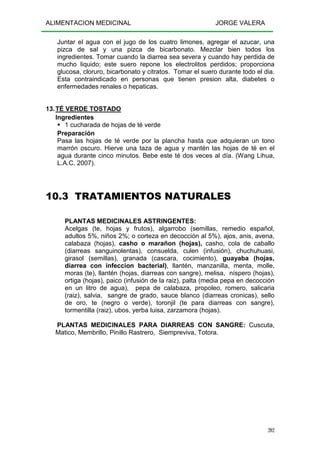 ALIMENTACION MEDICINAL JORGE VALERA
202
Juntar el agua con el jugo de los cuatro limones, agregar el azucar, una
pizca de sal y una pizca de bicarbonato. Mezclar bien todos los
ingredientes. Tomar cuando la diarrea sea severa y cuando hay perdida de
mucho liquido; este suero repone los electrolitos perdidos; proporciona
glucosa, cloruro, bicarbonato y citratos. Tomar el suero durante todo el dia.
Esta contraindicado en personas que tienen presion alta, diabetes o
enfermedades renales o hepaticas.
13.TÉ VERDE TOSTADO
Ingredientes
1 cucharada de hojas de té verde
Preparación
Pasa las hojas de té verde por la plancha hasta que adquieran un tono
marrón oscuro. Hierve una taza de agua y mantén las hojas de té en el
agua durante cinco minutos. Bebe este té dos veces al día. (Wang Lihua,
L.A.C. 2007).
10.3 TRATAMIENTOS NATURALES
PLANTAS MEDICINALES ASTRINGENTES:
Acelgas (te, hojas y frutos), algarrobo (semillas, remedio español,
adultos 5%, niños 2%; o corteza en decocción al 5%), ajos, anis, avena,
calabaza (hojas), casho o marañon (hojas), casho, cola de caballo
(diarreas sanguinolentas), consuelda, culen (infusión), chuchuhuasi,
girasol (semillas), granada (cascara, cocimiento), guayaba (hojas,
diarrea con infeccion bacterial), llantén, manzanilla, menta, molle,
moras (te), llantén (hojas, diarreas con sangre), melisa, níspero (hojas),
ortiga (hojas), paico (infusión de la raiz), palta (media pepa en decocción
en un litro de agua), pepa de calabaza, propoleo, romero, salicaria
(raiz), salvia, sangre de grado, sauce blanco (diarreas cronicas), sello
de oro, te (negro o verde), toronjil (te para diarreas con sangre),
tormentilla (raiz), ubos, yerba luisa, zarzamora (hojas).
PLANTAS MEDICINALES PARA DIARREAS CON SANGRE: Cuscuta,
Matico, Membrillo, Pinillo Rastrero, Siempreviva, Totora.
 