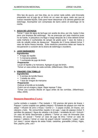 ALIMENTACION MEDICINAL JORGE VALERA
222
Otro tipo de ayuno, por tres días, es no comer nada solido, solo limonada
preparada con el jugo de un limón en un vaso de agua, cada vez que el
cuerpo necesite liquido. Esto para hacer descansar a la cámara gástrica del
estomago. Acompañar con compresas de barro sobre el estomago en la
noche.
1- AGUA DE LECHUGA
Tomar 1 vaso de agua de lechuga con aceite de oliva, por día, hasta 2 días
para una limpieza del estómago. No se preocupe por esta medicina pues
no es fuerte, ni perjudica a la llaga o luego después de 2 días deberá tomar
cada mañana 2 cucharadas de sangre de grado para 1 vaso de malva o
cola de caballo antes de desayunar. Después de 2 horas deberá tomar 1
vaso de leche fresca hervida. Esta medicina preventiva debe ser hasta la
recuperación o curación de la úlcera de estómago o duodeno.
2- JUGO MAÑANERO
Ingredientes
4 hojas de repollo
½ manzana pelada
1 cucharada de jugo de limón
Preparación
Licuar el repollo y la manzana. Agregar el jugo de limón.
Tomar un vaso antes de cada comida. (Albertinazzi, Elba; 2004)
3- VINAGRE CON TOMILLO
Ingredientes
5 ramitas de tomillo fresco
1 botella de vidrio
1 taza de vinagre de manzana
Preparación
Colocar el tomillo en la botella.
Cubrir con el vinagre y tapar. Dejar reposar 7 días.
Tomar una cuchara diluida en agua antes de las comidas. (Albertinazzi,
Elba; 2004)
Desayuno Depurativo (7 a.m.):
Leche cortada o cuajada + Pan tostado + 100 gramos del grano de linaza +
Papaya / Leche cuajada con galleta integral + Ensalada de papaya con miel de
abeja + Infusión de anís o linaza / Comer 2 – 3 papas crudas, en trozos, con
cáscara y todo. No consumirlas rayada ni en jugo / Jugo de papaya (incluir 5
semillas de papaya) / Agua de cebada o de linaza. / ensalada de col + brócoli /
Un vaso de leche descremada y plátano / Tomar un vaso de limonada (dos
limones), sin azúcar / Tomar un vaso de jugo de lima / tomar un vaso de
papaya + platano / tomar un vaso de yogurt natural / zanahoria + papa + apio
(un vaso) / comer alguna de estas frutas: castañas, granadilla (niños), higos,
kiwi, pepino, piña, uva /
 