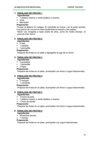 ALIMENTACION MEDICINAL JORGE VALERA
223
1- ENSALADA DE FRUTAS 1
Ingredientes
1 platano maduro o verde (bellaco o macho)
Uvas
Membrillo
Preparación
Trocear el plátano en rodajas. El membrillo en trozos ( sin la parte central).
Los granos de uva por la mitad (quitándole la cascara y las pepas).
Hacer una vinagreta a base aceite de oliva, zumo de media naranja, un
poco de miel. Servir.
2- ENSALADA DE FRUTAS 2
Ingredientes
3 datil
1 castaña
1 granadilla
Preparación
Preparar las frutas en un plato y agregarles el jugo de un limon.
3- ENSALADA DE FRUTAS 3
Ingredientes
3 guayabas
1 granadilla
2 higos
Preparación
Preparar las frutas en un plato, acompañar con limon o yogurt descremado.
4- ENSALADA DE FRUTAS 4
Ingredientes
2 mangos
1 membrillo
Preparación
Preparar las frutas en un plato, acompañar con limon o yogurt descremado.
5- ENSALADA DE FRUTAS 5
Ingredientes
3 trozos de piña
1 platano maduro o verde (bellaco o macho)
1 trozo de sandia
Preparación
Preparar las frutas en un plato, acompañar con limon o yogurt descremado.
6- ENSALADA DE FRUTAS 6
Ingredientes
Almendras (leche)
1 mamey
Preparación
Preparar las frutas en un plato, acompañar con yogurt descremado.
 