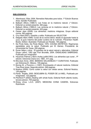 ALIMENTACION MEDICINAL JORGE VALERA
237
BIBLIOGRAFIA
1. Albertinazzi, Elba; 2004, Remedios Naturales para todos. 1º Edición Buenos
Aires: Sandler Publicidad.
2. Balbach Alfons (1988-1): Las frutas en la medicina natural. ¡ª Edicion.
Editorial La verdad presente. 482 pags.
3. Balbach Alfons (1988-2): Las verduras en la medicina natural. ¡ª Edicion.
Editorial La verdad presente. 425 pags.
4. Carper Jean (2008): Los alimentos: medicina milagrosa. Grupo editorial
norma. 583 paginas.
5. Cruz Abel (2001): Gastritis y colitis. Publicado por SELECTOR
6. Delgado Abel (1999): Curas de la cocina latina: desde el aguacate hasta la
yuca, la guía máxima del poder curativo de la nutrición. Prevention Health
Books. Edition: illustrated. Publicado por Rodale, 184 páginas.
7. De Pirolo Ketty, De Pirolo Mabel, 1976. COCINA DIETÉTICA: Regímenes
agradables para la salud. Publicado por El Ateneo. Procedente de
Universidad de Texas. 295 páginas.
8. Duran felipe y otros : El guardian de la salud natural y alternativa. Editorial
Grupo Latino; 1283 pgs.´Fiori Brunella, 2004. ENSALADAS SABROSAS.
Publicado por Imaginador
9. Hausman Patricia y Benn Hurley judith(1993): Los alimentos que curan , 1ª
edición, Ediciones Urano S.A. 1993 , 511 pag.
10.McLntyre Anne, 2005. BEBIDAS SALUDABLES Y CURATIVAS. Publicado
por Ediciones B - México. 158 páginas.
11.Murray M. y Pizzorno J. (1997): Enciclopedia of natural medicine. Editorial
Tree River press. Segunda edicion. 946 paginas.
12.Nostica (2009): Como cuidar tu salud con dietas sanas. Editorial Nostica,
126 páginas.
13.Pardo Ángela, 2005. DESCUBRA EL PODER DE LA MIEL. Publicado por
Imaginador. 122 páginas.
14.Pitchford P (2002): Healing with whole foods. Editorial North atlantic books,
tercera edicion, 753 paginas.
15.Wang Lihua, L.A.C. (2007): MEDICINA CHINA CASERA. Ediciones
Robinbook.
 