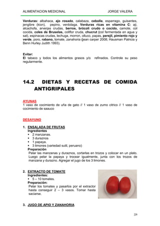 ALIMENTACION MEDICINAL JORGE VALERA
239
Verduras: albahaca, ajo rosado, calabaza, cebolla, esparrago, guisantes,
jengibre (kion), pepino, verdolaga. Verduras ricas en vitamina C: aji,
alcachofa, arverjas crudas, berros, brócoli crudo o cocido, camote, col
cocida, coles de Bruselas, coliflor cruda, chucrut (col fermentada en agua y
sal), espinacas crudas, lechuga, morron, olluco, papas, perejil, pimiento rojo y
verde, poro, rabano, tomate, zanahoria (jean carper 2008; Hausman Patricia y
Benn Hurley Judith 1993).
Evitar:
El tabaco y todos los alimentos grasos y/o refinados. Controle su peso
regularmente.
14.2 DIETAS Y RECETAS DE COMIDA
ANTIGRIPALES
AYUNAS
1 vaso de cocimiento de uña de gato // 1 vaso de zumo citrico // 1 vaso de
cocimiento de saauco
DESAYUNO
1. ENSALADA DE FRUTAS
Ingredientes
2 manzanas.
3 duraznos
1 papaya.
3 limones (variedad sutil, peruano)
Preparación
Pelar las manzanas y duraznos, cortarlas en trozos y colocar en un plato.
Luego pelar la papaya y trocear igualmente, junta con los trozos de
manzana y durazno. Agregar el jugo de los 3 limones.
2. EXTRACTO DE TOMATE
Ingredientes:
5 – 10 tomates.
Preparación:
Pelar los tomates y pasarlos por el extractor
hasta conseguir 2 – 3 vasos. Tomar hasta
saciarse.
3. JUGO DE APIO Y ZANAHORIA
 