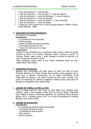 ALIMENTACION MEDICINAL JORGE VALERA
242
1 vaso de zanahoria + 1 vaso de apio.
1 vaso de zanahoria + 1 vaso de apio + ½ vaso de rábanos.
1 vaso de zanahoria + 1 vaso de betarraga + ½ vaso de pepino.
1 vaso de zanahoria + ½ vaso de lechuga
1 vaso de zanahoria + ½ vaso de rábano + ½ vaso de perejil.
1 vaso de zanahoria + 1 vaso de cebolla.
1 copita de zumo de limón en un vaso de agua caliente (Calbom Cherie,
Keane Maureen, 1999)
3. GARGARAS DE ROSA MOSQUETA
Sensación de mucosidad
Ingredientes
- 1 cucharada de rosa mosqueta
- 2 tazas de agua
- 5 gotas de aceite esencial de lavanda
- 2 cucharadas soperas de miel
- 1 frasco de vidrio oscuro con tapa
Preparación
Colocar la rosa mosqueta en un recipiente, verter e agua y dejar en remojo
durante la noche. A la mañana siguiente, llevar a hervor y cocinar 10
minutos. Retirar, dejar enfriar y colar. Agregar el aceite de lavanda y la
miel. Envasar en el frasco y cerrar.
Hacer gárgaras varias veces al dia. Puede entibiarse antes de usar.
(Albertinazzi, Elba; 2004).
4. GARGARAS DE SALVIA
Agregue dos cucharaditas de hojas secas de salvia por taza de agua
hirviente. Déjarlas en infusión durante diez minutos; hacer gargaras con el
agua tibia a caliente. Advertencia: no se deben administrar dosis
medicinales de salvia a los niños menores de dos años, remedio muy
usado en alemania (Dr. Michael Castleman, healing herbs) para dolor de
garganta y amigdalitis, (jean carper 2008).
5. JARABE DE CEBOLLA PARA LA TOS
Cocer a fuego lento por dos horas en baño Maria seis cebollas rojas
picadas, luego al final agregar media taza de miel de abeja; finalmente
colar. Beber el jarabe a intervalos regulares, de preferencia tibio (Michael
Murray, M.D., y Joseph Izzorno, M.D., en su libro Encyclopedia of Natural
Medicine; jean carper 2008).
6. JARABE DE EUCALIPTO
Ingredientes
- 2 cucharadas grandes de hojas de eucalipto
- 1 cucharada de hoja de malva
- 1 cucharada de hoja de salvia
- 1 litro de agua
- 500 Gr de azúcar
 