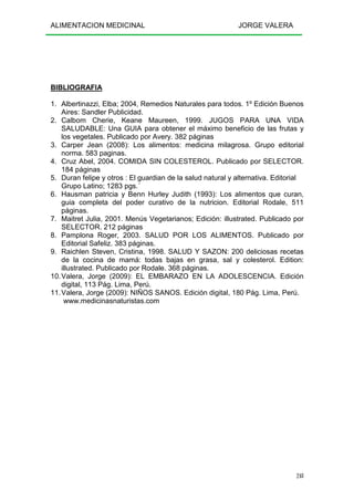 ALIMENTACION MEDICINAL JORGE VALERA
248
BIBLIOGRAFIA
1. Albertinazzi, Elba; 2004, Remedios Naturales para todos. 1º Edición Buenos
Aires: Sandler Publicidad.
2. Calbom Cherie, Keane Maureen, 1999. JUGOS PARA UNA VIDA
SALUDABLE: Una GUIA para obtener el máximo beneficio de las frutas y
los vegetales. Publicado por Avery. 382 páginas
3. Carper Jean (2008): Los alimentos: medicina milagrosa. Grupo editorial
norma. 583 paginas.
4. Cruz Abel, 2004. COMIDA SIN COLESTEROL. Publicado por SELECTOR.
184 páginas
5. Duran felipe y otros : El guardian de la salud natural y alternativa. Editorial
Grupo Latino; 1283 pgs.´
6. Hausman patricia y Benn Hurley Judith (1993): Los alimentos que curan,
guia completa del poder curativo de la nutricion. Editorial Rodale, 511
páginas.
7. Maitret Julia, 2001. Menús Vegetarianos; Edición: illustrated. Publicado por
SELECTOR. 212 páginas
8. Pamplona Roger, 2003. SALUD POR LOS ALIMENTOS. Publicado por
Editorial Safeliz. 383 páginas.
9. Raichlen Steven, Cristina, 1998. SALUD Y SAZON: 200 deliciosas recetas
de la cocina de mamá: todas bajas en grasa, sal y colesterol. Edition:
illustrated. Publicado por Rodale. 368 páginas.
10.Valera, Jorge (2009): EL EMBARAZO EN LA ADOLESCENCIA. Edición
digital, 113 Pág. Lima, Perú.
11.Valera, Jorge (2009): NIÑOS SANOS. Edición digital, 180 Pág. Lima, Perú.
www.medicinasnaturistas.com
 