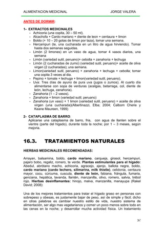 ALIMENTACION MEDICINAL JORGE VALERA
267
ANTES DE DORMIR:
1- EXTRACTOS MEDICINALES
- Achicoria (una copita, 30 – 50 ml).
- Alcachofa + Cardo mariano + diente de leon + centaura + limon
- Boldo (+ 10 – 20 gotas de limon por taza), tomar una semana.
- Hercampuri (te, una cucharada en un litro de agua hirviendo). Tomar
hasta dos semanas seguidas.
- Limón (2 limones) en un vaso de agua, tomar 4 vasos diarios, una
semana
- Limón (variedad sutil, peruano)+ cebolla + zanahoria + lechuga
- Limón (2 cucharadas de zumo) (variedad sutil, peruano)+ aceite de oliva
virgen (2 cucharadas); una semana.
- Limon(variedad sutil, peruano) + zanahoria + lechuga + cebolla; tomar
una copita 3 veces al dia.
- Pepino + tomate + lechuga + limon(variedad sutil, peruano).
- Uva: Tres días de ayuno de pura uva (jugos o zumos). Al cuarto día
alimentarse con sopa de verduras (acelgas, betarraga, col, diente de
león, lechuga, zanahoria).
- Zanahoria (1 – 2 vasos).
- Zanahoria + limon (variedad sutil, peruano)
- Zanahoria (un vaso) + 1 limon (variedad sutil, peruano) + aceite de oliva
virgen (una cucharada)(Albertinazzi, Elba; 2004; Calbom Cherie y
Keane Maureen, 1999)
2- CATAPLASMA DE BARRO:
Aplicarse una cataplasma de barro, fria, con agua de llanten sobre el
vientre (parte del higado), durante toda la noche; por 1 – 3 meses, según
mejoria.
16.3. TRATAMIENTOS NATURALES
HIERBAS MEDICINALES RECOMENDADAS:
Arrayan, balsamina, boldo, cardo mariano, carqueja, girasol, hercampuri,
pajaro bobo, regaliz, romero, te verde. Plantas estimulantes para el hígado:
Abedul, abrótano macho, achicoria, agracejo, ajenjo, ballota negra, boldo,
cardo mariano (cardo lechero, silimarina, milk thistle), celidonia, centaura
mayor, cocu, cúrcuma, cuscuta, diente de león, fabiana, frángula, fumaria,
genciana, hepática, lavanda, llantén, manzanilla, olivo, romero, salvia, trébol
rojo. Hierbas desinflamantes: hinojo, malva, manzanilla, manayupa (Rakel
David; 2008):
Una de los mejores tratamientos para tratar el hígado graso en personas con
sobrepeso y obesas, es justamente bajar de peso, así de simple y fácil; dicho
en otras palabras es cambiar nuestro estilo de vida, nuestro sistema de
alimentación, ser algo mas vegetarianos y comer un poco menos sobre todo en
las cenas en la noche; y desarrollar mucha actividad física. Un tratamiento
 