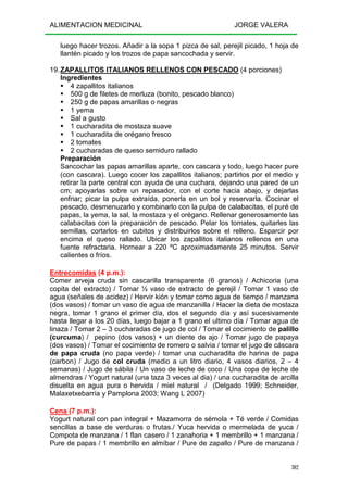 ALIMENTACION MEDICINAL JORGE VALERA
302
luego hacer trozos. Añadir a la sopa 1 pizca de sal, perejil picado, 1 hoja de
llantén picado y los trozos de papa sancochada y servir.
19.ZAPALLITOS ITALIANOS RELLENOS CON PESCADO (4 porciones)
Ingredientes
4 zapallitos italianos
500 g de filetes de merluza (bonito, pescado blanco)
250 g de papas amarillas o negras
1 yema
Sal a gusto
1 cucharadita de mostaza suave
1 cucharadita de orégano fresco
2 tomates
2 cucharadas de queso semiduro rallado
Preparación
Sancochar las papas amarillas aparte, con cascara y todo, luego hacer pure
(con cascara). Luego cocer los zapallitos italianos; partirlos por el medio y
retirar la parte central con ayuda de una cuchara, dejando una pared de un
cm; apoyarlas sobre un repasador, con el corte hacia abajo, y dejarlas
enfriar; picar la pulpa extraída, ponerla en un bol y reservarla. Cocinar el
pescado, desmenuzarlo y combinarlo con la pulpa de calabacitas, el puré de
papas, la yema, la sal, la mostaza y el orégano. Rellenar generosamente las
calabacitas con la preparación de pescado. Pelar los tomates, quitarles las
semillas, cortarlos en cubitos y distribuirlos sobre el relleno. Esparcir por
encima el queso rallado. Ubicar los zapallitos italianos rellenos en una
fuente refractaria. Hornear a 220 ºC aproximadamente 25 minutos. Servir
calientes o fríos.
Entrecomidas (4 p.m.):
Comer arveja cruda sin cascarilla transparente (6 granos) / Achicoria (una
copita del extracto) / Tomar ½ vaso de extracto de perejil / Tomar 1 vaso de
agua (señales de acidez) / Hervir kión y tomar como agua de tiempo / manzana
(dos vasos) / tomar un vaso de agua de manzanilla / Hacer la dieta de mostaza
negra, tomar 1 grano el primer día, dos el segundo día y así sucesivamente
hasta llegar a los 20 días, luego bajar a 1 grano el ultimo día / Tomar agua de
linaza / Tomar 2 – 3 cucharadas de jugo de col / Tomar el cocimiento de palillo
(curcuma) / pepino (dos vasos) + un diente de ajo / Tomar jugo de papaya
(dos vasos) / Tomar el cocimiento de romero o salvia / tomar el jugo de cáscara
de papa cruda (no papa verde) / tomar una cucharadita de harina de papa
(carbon) / Jugo de col cruda (medio a un litro diario, 4 vasos diarios, 2 – 4
semanas) / Jugo de sábila / Un vaso de leche de coco / Una copa de leche de
almendras / Yogurt natural (una taza 3 veces al dia) / una cucharadita de arcilla
disuelta en agua pura o hervida / miel natural / (Delgado 1999; Schneider,
Malaxetxebarría y Pamplona 2003; Wang L 2007)
Cena (7 p.m.):
Yogurt natural con pan integral + Mazamorra de sémola + Té verde / Comidas
sencillas a base de verduras o frutas./ Yuca hervida o mermelada de yuca /
Compota de manzana / 1 flan casero / 1 zanahoria + 1 membrillo + 1 manzana /
Pure de papas / 1 membrillo en almíbar / Pure de zapallo / Pure de manzana /
 