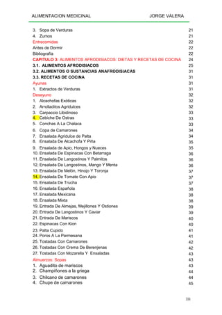 ALIMENTACION MEDICINAL JORGE VALERA
314
3. Sopa de Verduras 21
4. Zumos 21
Entrecomidas 22
Antes de Dormir 22
Bibliografía 22
CAPITULO 3: ALIMENTOS AFRODISIACOS: DIETAS Y RECETAS DE COCINA 24
3.1. ALIMENTOS AFRODISIACOS 25
3.2. ALIMENTOS O SUSTANCIAS ANAFRODISIACAS 31
3.3. RECETAS DE COCINA 31
Ayunas 31
1. Extractos de Verduras 31
Desayuno 32
1. Alcachofas Exóticas 32
2. Arrolladitos Agridulces 32
3. Carpaccio Libidinoso 33
4. Cebiche De Ostras 33
5. Conchas A La Chalaca 33
6. Copa de Camarones 34
7. Ensalada Agridulce de Palta 34
8. Ensalada De Alcachofa Y Piña 35
9. Ensalada de Apio, Hongos y Nueces 35
10. Ensalada De Espinacas Con Betarraga 36
11. Ensalada De Langostinos Y Palmitos 36
12. Ensalada De Langostinos, Mango Y Menta 36
13. Ensalada De Melón, Hinojo Y Toronja 37
14. Ensalada De Tomate Con Apio 37
15. Ensalada De Trucha 37
16. Ensalada Española 38
17. Ensalada Mexicana 38
18. Ensalada Mixta 38
19. Entrada De Almejas, Mejillones Y Ostiones 39
20. Entrada De Langostinos Y Caviar 39
21. Entrada De Mariscos 40
22. Espinacas Con Kion 40
23. Palta Cupido 41
24. Poros A La Parmesana 41
25. Tostadas Con Camarones 42
26. Tostadas Con Crema De Berenjenas 42
27. Tostadas Con Mozarella Y Ensaladas 43
Almuerzos: Sopas 43
1. Aguadito de mariscos 43
2. Champiñones a la griega 44
3. Chilcano de camarones 44
4. Chupe de camarones 45
 