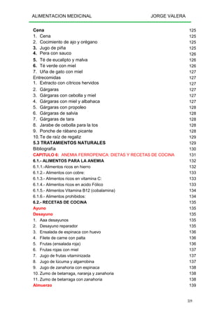 ALIMENTACION MEDICINAL JORGE VALERA
319
Cena 125
1. Cena 125
2. Cocimiento de ajo y orégano 125
3. Jugo de piña 125
4. Pera con sauco 126
5. Té de eucalipto y malva 126
6. Té verde con miel 126
7. Uña de gato con miel 127
Entrecomidas 127
1. Extracto con cítricos hervidos 127
2. Gárgaras 127
3. Gárgaras con cebolla y miel 127
4. Gárgaras con miel y albahaca 127
5. Gárgaras con propoleo 128
6. Gárgaras de salvia 128
7. Gárgaras de tara 128
8. Jarabe de cebolla para la tos 128
9. Ponche de rábano picante 128
10.Te de raíz de regaliz 129
5.3 TRATAMIENTOS NATURALES 129
Bibliografía 130
CAPITULO 6: ANEMIA FERROPENICA: DIETAS Y RECETAS DE COCINA 131
6.1.- ALIMENTOS PARA LA ANEMIA 132
6.1.1.-Alimentos ricos en hierro 132
6.1.2.- Alimentos con cobre: 133
6.1.3.- Alimentos ricos en vitamina C: 133
6.1.4.- Alimentos ricos en acido Fólico 133
6.1.5.- Alimentos Vitamina B12 (cobalamina) 134
6.1.6.- Alimentos prohibidos: 134
6.2.- RECETAS DE COCINA 135
Ayuno 135
Desayuno 135
1. Aaa desayunos 135
2. Desayuno reparador 135
3. Ensalada de espinaca con huevo 136
4. Filete de carne con palta 136
5. Frutas (ensalada roja) 136
6. Frutas rojas con miel 137
7. Jugo de frutas vitaminizada 137
8. Jugo de lúcuma y algarrobina 137
9. Jugo de zanahoria con espinaca 138
10. Zumo de betarraga, naranja y zanahoria 138
11. Zumo de betarraga con zanahoria 138
Almuerzo 139
 