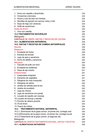 ALIMENTACION MEDICINAL JORGE VALERA
326
1. Arroz con zapallo y alcachofas 233
2. Corazones cremosos 233
3. Huevo y raíz de loto con hierbas 234
4. Semillas de ajonjolí con azúcar rubia y miel 234
5. Sopa de trigo con verduras 234
6. Suflé de zanahorias 235
Antes de dormir 235
1. Vino con cebolla 235
13.3 TRATAMIENTOS NATURALES 236
Bibliografía 237
CAPITULO 14: GRIPE; DIETAS Y RECETAS DE COCINA 238
14.1. ALIMENTACION ANTIGRIPAL 238
14.2 DIETAS Y RECETAS DE COMIDA ANTIGRIPALES 239
Ayunas 239
Desayuno 239
1. Ensalada de frutas 239
2. Extracto de tomate 239
3. Jugo de apio y zanahoria 239
4. Zumo de alfalfa y zanahoria 240
Almuerzo 240
1. Cazuela de pollo con kion 240
2. Ensalada de avellanas 240
3. Sopa de ajo rosado 241
Entrecomidas 241
1. Caspiroleta antigripal 241
2. Extractos de vegetales 241
3. Gárgaras de rosa mosqueta 242
4. Gárgaras de salvia: 242
5. Jarabe de cebolla para la tos. 242
6. Jarabe de eucalipto 242
7. Jugo de cítricos 243
8. Jugo de zanahoria con perejil 243
9. Licuado de repollo con naranja 243
10.Licuado de toronja y cebolla 244
11.Ponche de rábano picante 244
12.Té de limón 244
13.Tisana de melisa 244
14.3 TRATAMIENTO NATURAL ANTIGRIPAL 245
14.3.1. Eliminación de la gripe común, el primer día, contagio oral 245
14.3.2 Eliminación de la gripe común, el primer día, contagio bucal 246
14.3.3 Tratamiento de la gripe común, el segundo día 247
Bibliografía 248
CAPITULO 15: HERPES;TRATAMIENTO NATURAL, DIETAS Y RECETAS 249
15.1.- ALIMENTACION ANTIHERPES 249
 