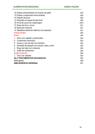 ALIMENTACION MEDICINAL JORGE VALERA
330
12.Papas sancochadas con trozos de palta 300
13.Papas y espinacas sancochadas 300
14.Pepián de pavo 300
15. Pescado en papel de aluminio 300
16.Puré de yuca con espárragos 2301
17.Sopa de kion y arroz 301
18.Sopa de verduras 301
19. Zapallitos italianos rellenos con pescado 301
Entrecomidas 302
Cena 302
1. Arroz con zapallo y alcachofas 302
2. Corazones cremosos 303
3. Huevo y raíz de loto con hierbas 303
4. Semillas de ajonjolí con azúcar rubia y miel 303
5. Sopa de trigo con verduras 304
6. Suflé de zanahorias 304
Antes de dormir 305
1. Vino con cebolla 305
20.3 TRATAMIENTOS NATURALES 305
Bibliografía 306
BIBLIOGRAFIA GENERAL 307
 