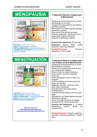 ALIMENTACION MEDICINAL JORGE VALERA
334
MENOPAUSIA Tratamiento Natural e integral para
la Menopausia
Equilibrante hormonal femenino y control
del desbalance hormonal
Terapia hormonal sustitutiva con Qalivio y
alimentos (natural)
Alimentación con fitoestrogenos naturales
(alimentos y plantas)
Alivio de los síntomas del climaterio
(sofocos, sudoración, cambios de humor,
resequedad vaginal e insomnio)
Alivio de la hipertensión arterial
Duración del tratamiento: 04 semanas.
Productos: Q’Alivio, Maca, Arcilla
Medicinal, Caramelos Salvador.
Contraindicaciones: Personas
alcohólicas - Presión baja.
Q’ALIVIO, desintoxica la sangre.
MACA; Reconstituyente energético.
ARCILLA MEDICINAL; Potente desinflamante.
CARAMELOS SALVADOR; Normaliza la función
digestiva, relajante
MENSTRUACIÒN Tratamiento Natural e integral para
los Trastornos de la Menstruación
Equilibrante hormonal femenino y control
del desbalance hormonal
Generar una menstruación cada 28 días
(no menstruación irregular)
Aliviar el dolor de cabeza menstrual
Evitar el poco o excesivo sangrado
menstrual
Evitar el sangrado marrón o negro con
coágulos
Evitar los dolores en las mamas (futuro
cáncer de mamas)
Relajación del útero y eliminación del
dolor (cólico menstrual)
Desinflamación del vientre (efecto
antiinflamatorio)
Controlar las hemorragias uterinas y post
parto
Alimentación con fitoestrogenos naturales
(alimentos y plantas)
Llamar a la regla (ausencia de reglas),
estimular el flujo menstrual mensual
Duración del tratamiento: 1 – 2 reglas
(tratamiento cuando tenga su
menstruación)
Contraindicaciones: Mujeres gestantes,
lactantes, Personas alcohólicas - Presión
baja.
Q’ALIVIO, desintoxica la sangre.
UÑA DE GATO; Fortalece las defensas
ARCILLA MEDICINAL; Potente desinflamante.
MACA; Reconstituyente energético.
EXTRACTOS DE VERDURAS
Más información en
www.medicinasnaturistas.com
www.peruviannaturistasmedicines.com
 