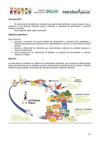 23
ACTIVIDAD N°7:
El conocimiento de diferentes nutrientes que aporta cada alimento a nuestro cuerpo y de su
presencia en los distintos alimentos ayuda a elaborar un esquema de alimentación y nutrición
variado y completo.
Nivel sugerido: egb2, egb3 y polimodal.
Objetivos específicos
Que el alumno:
• aprenda a reconocer los buenos hábitos de alimentación y nutrición como estrategias y
medios adecuados para la prevención de enfermedades a partir de un buen estado de salud
general.
• aprenda a diferenciar los nutrientes que cada alimento contiene y la cantidad necesaria a
consumir diariamente.
• tome conciencia de la importancia de elaborar un esquema de alimentación y nutrición
variado y completo.
Ejercicio
A continuación se presenta la “gráfica de la alimentación saludable” que contiene los determinados
grupos de alimentos que es necesario consumir diariamente y la proporción de los mismos. También
presenta el agua potable como fuente de vida para consumir y preparar alimentos.
 