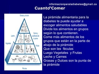 Cuanto Comer
La pirámide alimentaria para la
diabetes te puede ayudar a
escoger alimentos saludables
Divide los alimentos en grupos
según lo que contienen.
Come más alimentos de los
grupos que están en la parte de
abajo de la pirámide
Que son las féculas
Luego Vegetales y Frutas
Leche y Carnes
Grasas y Dulces son la punta de
la pirámide
informacionparaladiabetes@gmail.co
m
 