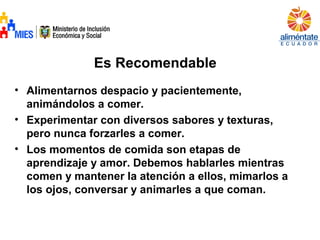 Es Recomendable
• Alimentarnos despacio y pacientemente,
animándolos a comer.
• Experimentar con diversos sabores y texturas,
pero nunca forzarles a comer.
• Los momentos de comida son etapas de
aprendizaje y amor. Debemos hablarles mientras
comen y mantener la atención a ellos, mimarlos a
los ojos, conversar y animarles a que coman.
 