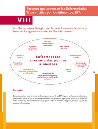 Alimentación recomendable




            Las condiciones ambientales para la reproducción de microorganismos son:
     Comida: Principalmente alimentos con proteína.
     Prefieren alimentos con un alto contenido de proteínas y humedad tales como carnes rojas,
     pollo, pescados o productos lácteos. Estos alimentos se los conoce con el nombre de Alimentos
     de alto riesgo.
     Humedad: Aw (Agua disponible)  0.85.
     Este agua “no comprometido” con ningún nutriente recibe el nombre de actividad de agua (Aw)
     y se indica con un número que va desde 0 a 1. Cuanto más cercano a cero es ese valor, menos
     disponible está el agua para las bacterias y mayor tiempo durará el alimento sin deteriorarse. La
     mayoría de los alimentos frescos tienen valores de actividad de agua cercanos a 1.
     Acidez: pH entre 4.6 y 7.0.
     El pH de un alimento es la medida de su acidez o alcalinidad (p. ej. el jugo de limón es ácido
     y el bicarbonato de sodio, básico o alcalino). El agua tiene un pH neutro de 7. La mayoría de
     los alimentos tiene un pH de alrededor de 7 o menos. La mayoría de las bacterias patógenas
     (dañinas) crecen en alimentos de pH neutro a alcalino. Por ello cuando el alimento tiene un pH
     de 7 o mayor es muy susceptible a la contaminación bacteriana.
     Temperatura: 4.4 °C a 60 °C (ZPT).
     Las bacterias responsables de las ETA tienen una temperatura óptima de crecimiento de 37ºC.
5
     Pese a todo, pueden crecer a una velocidad considerable en un rango de temperatura que se
     halla entre los 5 ºC y 65 ºC. Este rango de temperatura se conoce como ZONA DE PELIGRO.
     Fuera de este rango su capacidad reproductora se ve muy disminuida. A 100 ºC (ebullición) las
     bacterias comienzan a morir y por debajo de 5ºC (refrigeración) su crecimiento es más lento; a
     los 0 °C (congelación) quedan en estado latente pero no mueren.
     Tiempo: más de 4 horas en la ZPT.
     Algunas bacterias son capaces
     de multiplicarse por dos en sólo 10-20
     minutos, si se les proporcionan las
     condiciones óptimas de nutrientes,
     humedad, Ph y calor.




     Oxígeno: Aerobias (con oxígeno) y anaerobias (sin oxígeno).
 