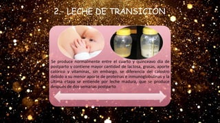 Se produce normalmente entre el cuarto y quinceavo día de
postparto y contiene mayor cantidad de lactosa, grasas, aporte
calórico y vitaminas, sin embargo, se diferencia del calostro
debido a su menor aporte de proteínas e inmunoglobulinas y la
última etapa se entiende por leche madura, que se produce
después de dos semanas postparto
2.- LECHE DE TRANSICIÓN
 