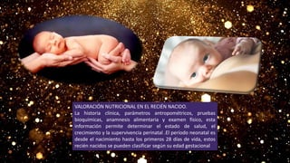 VALORACIÓN NUTRICIONAL EN EL RECIÉN NACIDO.
La historia clínica, parámetros antropométricos, pruebas
bioquímicas, anamnesis alimentaria y examen físico, esta
información permite determinar el estado de salud, el
crecimiento y la supervivencia perinatal .El período neonatal es
desde el nacimiento hasta los primeros 28 días de vida, estos
recién nacidos se pueden clasificar según su edad gestacional
 