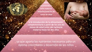 OMS
recomienda la
leche materna
exclusiva hasta los (6)
meses de edad
y la introducción de la alimentación
complementaria a partir de los seis (6)
meses de edad junto con lactancia
materna hasta los dos años
ya que aporta los nutrientes necesarios para un
óptimo crecimiento y desarrollo de los niños
 