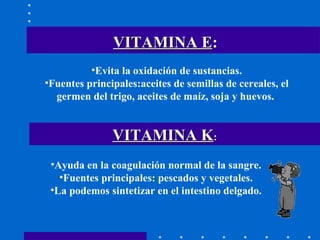 VITAMINA E :   Evita la oxidación de sustancias. Fuentes principales:aceites de semillas de cereales, el germen del trigo, aceites de maíz, soja y huevos.  Ayuda en la coagulación normal de la sangre. Fuentes principales: pescados y vegetales. La podemos sintetizar en el intestino delgado. VITAMINA K : 