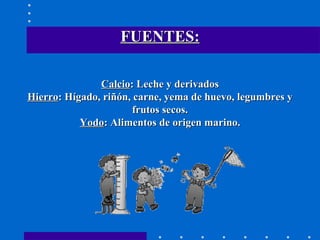 FUENTES: Calcio : Leche y derivados Hierro : Hígado, riñón, carne, yema de huevo, legumbres y frutos secos. Yodo : Alimentos de origen marino. 