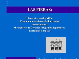 LAS FIBRAS: Elementos no digeribles. Previenen de enfermedades como el estreñimiento. Presentes en: Cereales integrales, legumbres, hortalizas y frutas. 