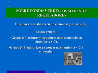 SOBRE FONDO VERDE:  LOS ALIMENTOS  REGULADORES Funciones: nos abastecen de vitaminas y minerales. En dos grupos: Grupo 4: Verduras y legumbres (alto contenido en vitamina A y C). Grupo 5: Frutas, ricos en azúcares, vitamina A y C y minerales. 