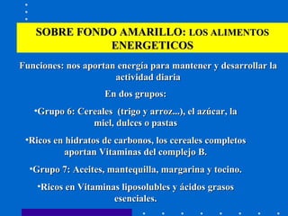 SOBRE FONDO AMARILLO:  LOS ALIMENTOS  ENERGETICOS Funciones: nos aportan energía para mantener y desarrollar la actividad diaria En dos grupos: Grupo 6: Cereales  (trigo y arroz...), el azúcar, la miel, dulces o pastas Ricos en hidratos de carbonos, los cereales completos aportan Vitaminas del complejo B. Grupo 7: Aceites, mantequilla, margarina y tocino. Ricos en Vitaminas liposolubles y ácidos grasos esenciales. 
