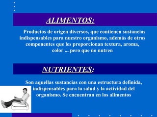 ALIMENTOS: Productos de origen diversos, que contienen sustancias indispensables para nuestro organismo, además de otros componentes que les proporcionan textura, aroma, color ... pero que no nutren NUTRIENTES : Son aquellas sustancias con una estructura definida, indispensables para la salud y la actividad del organismo. Se encuentran en los alimentos 