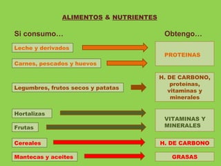 ALIMENTOS  &  NUTRIENTES Si consumo… Obtengo… Leche y derivados Carnes, pescados y huevos Legumbres, frutos secos y patatas Hortalizas Frutas Cereales Mantecas y aceites H. DE CARBONO, proteínas, vitaminas y minerales PROTEINAS VITAMINAS Y MINERALES H. DE CARBONO GRASAS 