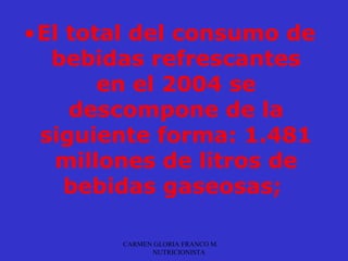 •El total del consumo de
  bebidas refrescantes
       en el 2004 se
    descompone de la
 siguiente forma: 1.481
  millones de litros de
    bebidas gaseosas;

        CARMEN GLORIA FRANCO M.
              NUTRICIONISTA
 