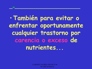 • También para evitar o
enfrentar oportunamente
 cualquier trastorno por
  carencia o exceso de
      nutrientes...

       CARMEN GLORIA FRANCO M.
             NUTRICIONISTA
 