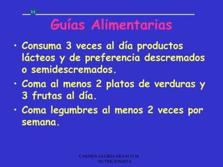 Guías Alimentarias
• Consuma 3 veces al día productos
  lácteos y de preferencia descremados
  o semidescremados.
• Coma al menos 2 platos de verduras y
  3 frutas al día.
• Coma legumbres al menos 2 veces por
  semana.


            CARMEN GLORIA FRANCO M.
                  NUTRICIONISTA
 