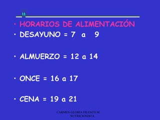 • HORARIOS DE ALIMENTACIÓN
• DESAYUNO = 7 a 9


• ALMUERZO = 12 a 14


• ONCE = 16 a 17

• CENA = 19 a 21
          CARMEN GLORIA FRANCO M.
                NUTRICIONISTA
 