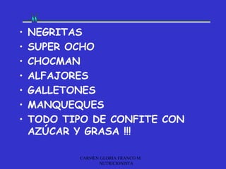 •   NEGRITAS
•   SUPER OCHO
•   CHOCMAN
•   ALFAJORES
•   GALLETONES
•   MANQUEQUES
•   TODO TIPO DE CONFITE CON
    AZÚCAR Y GRASA !!!

           CARMEN GLORIA FRANCO M.
                 NUTRICIONISTA
 