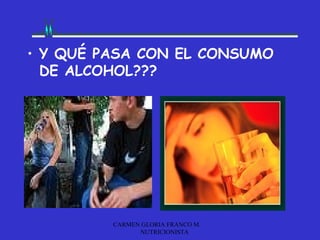 • Y QUÉ PASA CON EL CONSUMO
  DE ALCOHOL???




         CARMEN GLORIA FRANCO M.
               NUTRICIONISTA
 