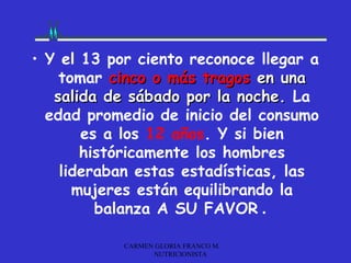 • Y el 13 por ciento reconoce llegar a
    tomar cinco o más tragos en una
   salida de sábado por la noche. La
  edad promedio de inicio del consumo
       es a los 12 años. Y si bien
       históricamente los hombres
    lideraban estas estadísticas, las
      mujeres están equilibrando la
         balanza A SU FAVOR .

            CARMEN GLORIA FRANCO M.
                  NUTRICIONISTA
 