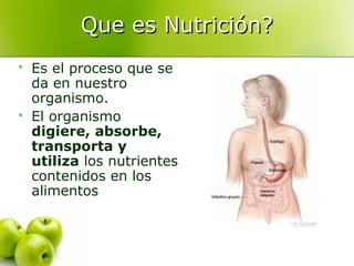 Que es Nutrición?




Es el proceso que se
da en nuestro
organismo.
El organismo
digiere, absorbe,
transporta y
utiliza los nutrientes
contenidos en los
alimentos

 