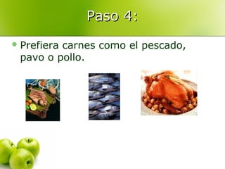 Paso 4:
 Prefiera

carnes como el pescado,
pavo o pollo.

 