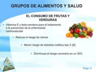 Page 11 
GRUPOS DE ALIMENTOS Y SALUD 
EL CONSUMO DE FRUTAS Y 
VERDURAS 
•Vitamina E y beta-caroteno para el tratamiento o la prevención de la enfermedad cardiovascular 
•Reduce el riesgo de cáncer 
•Menor riesgo de diabetes mellitus tipo 2 (B). 
•Disminuye el riesgo coronario en un 30%  