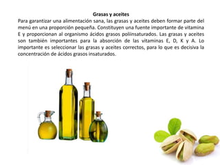 Grasas y aceites 
Para garantizar una alimentación sana, las grasas y aceites deben formar parte del 
menú en una proporción pequeña. Constituyen una fuente importante de vitamina 
E y proporcionan al organismo ácidos grasos poliinsaturados. Las grasas y aceites 
son también importantes para la absorción de las vitaminas E, D, K y A. Lo 
importante es seleccionar las grasas y aceites correctos, para lo que es decisiva la 
concentración de ácidos grasos insaturados. 
 